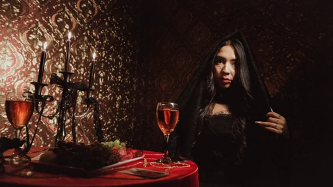 Mujer vestida de negro junto a una mesa roja con copas y velas.
